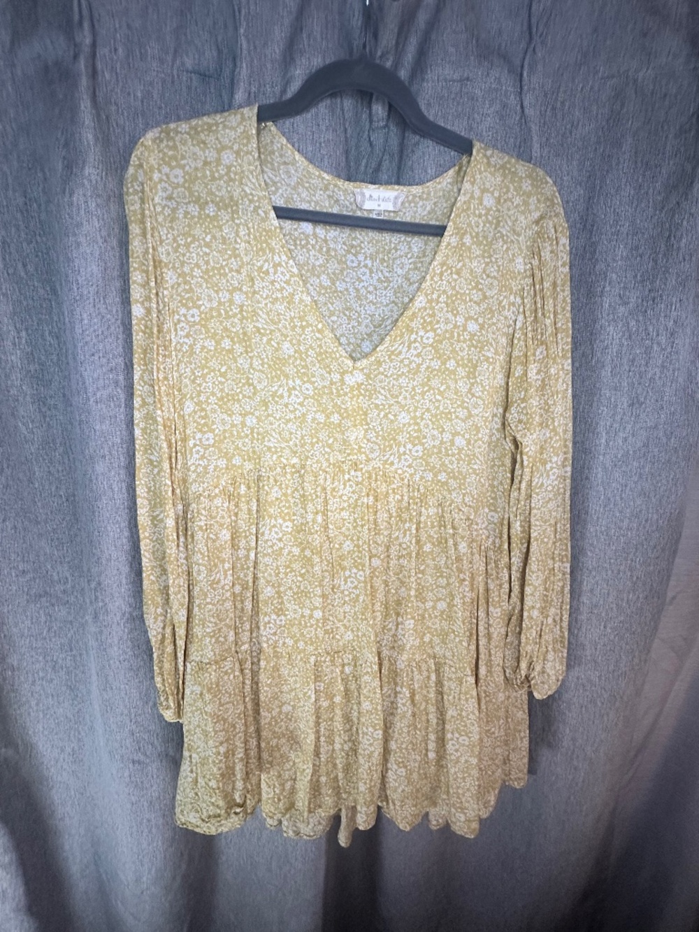Altar'd State Yellow Floral Tiered Long Sleeve Babydoll Mini Dress Medium